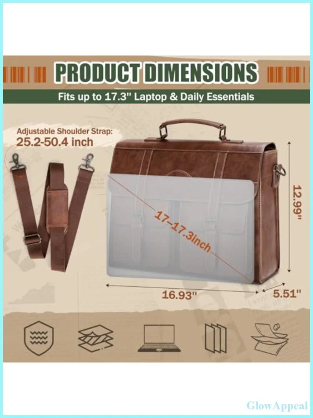 Mens 17.3 Inch PU Leather Laptop Messenger Bag Briefcase Satchel